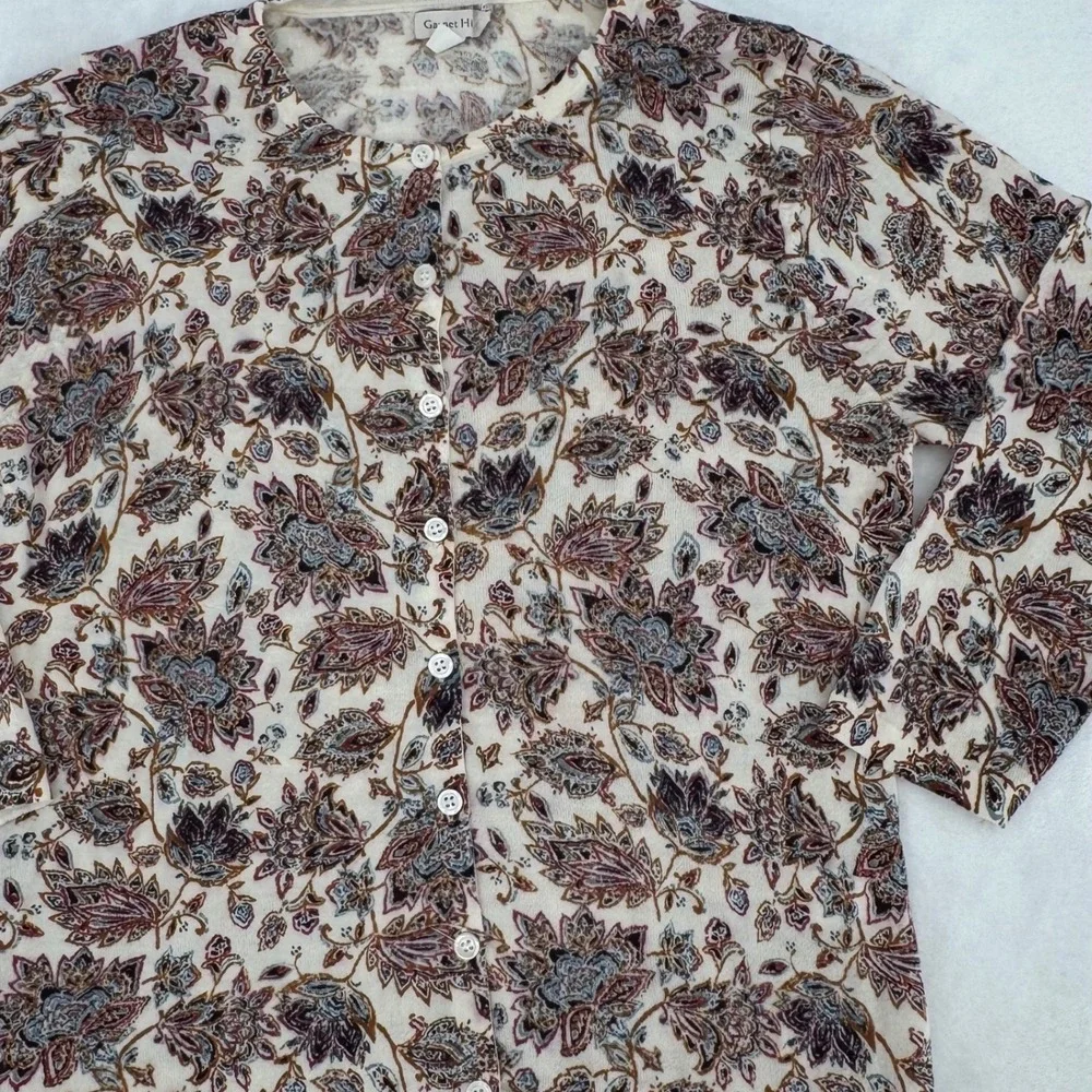 Garnet Hill 100% Merino Wool Paisley Floral Cream Cardigan Sweater Woman's Small